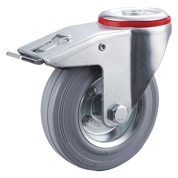 Bolt Hole and Total Brake Grey Solid Rubber Industrial Castors with Metal Rim